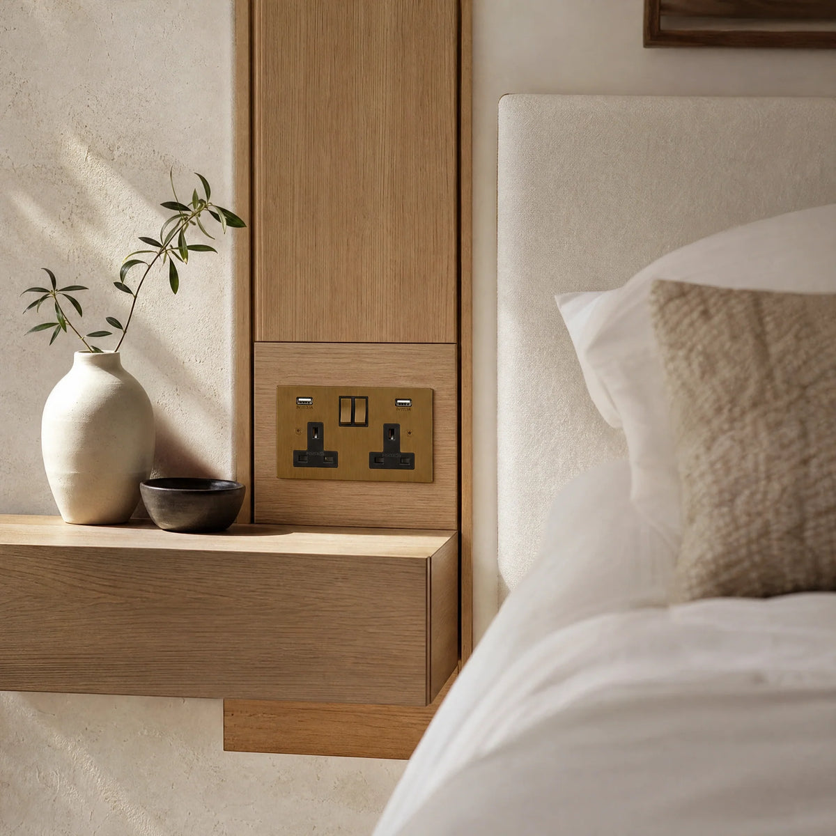 VORELLI® Ambassador Square Double Socket + USB, shown beside bedroom or living-room joinery in an interior visualisation.