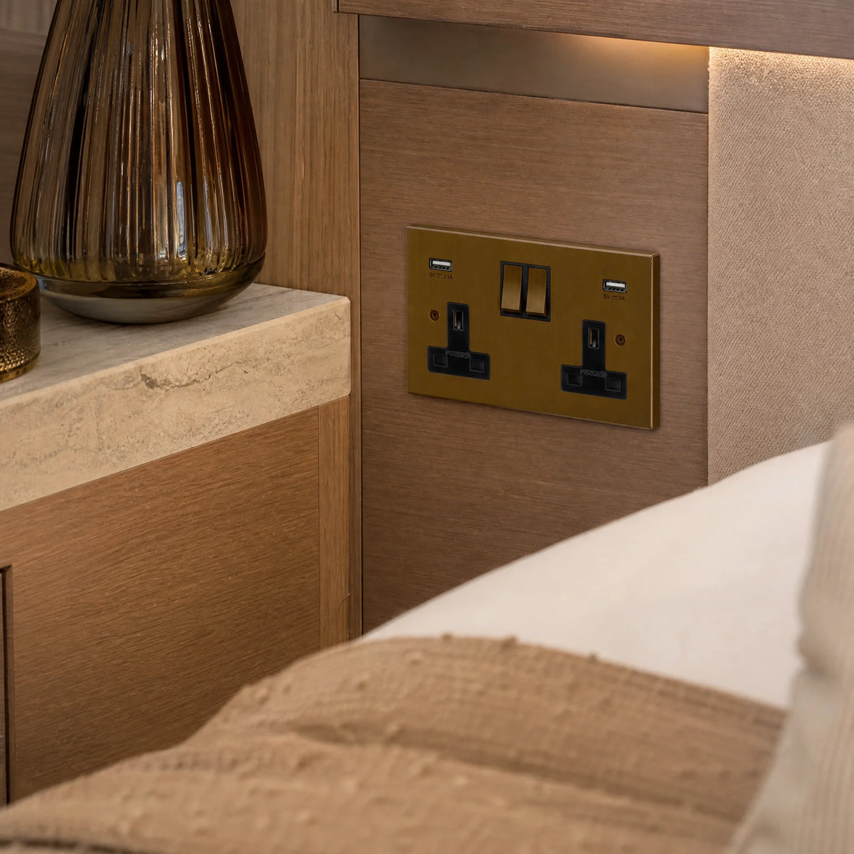VORELLI® Ambassador Square Double Socket + USB, close view beside bedroom or living-room joinery in an interior visualisation.
