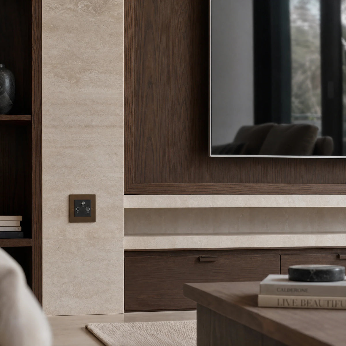 VORELLI® Ambassador Square Media Outlet, shown on a wall beside joinery in an interior visualisation.