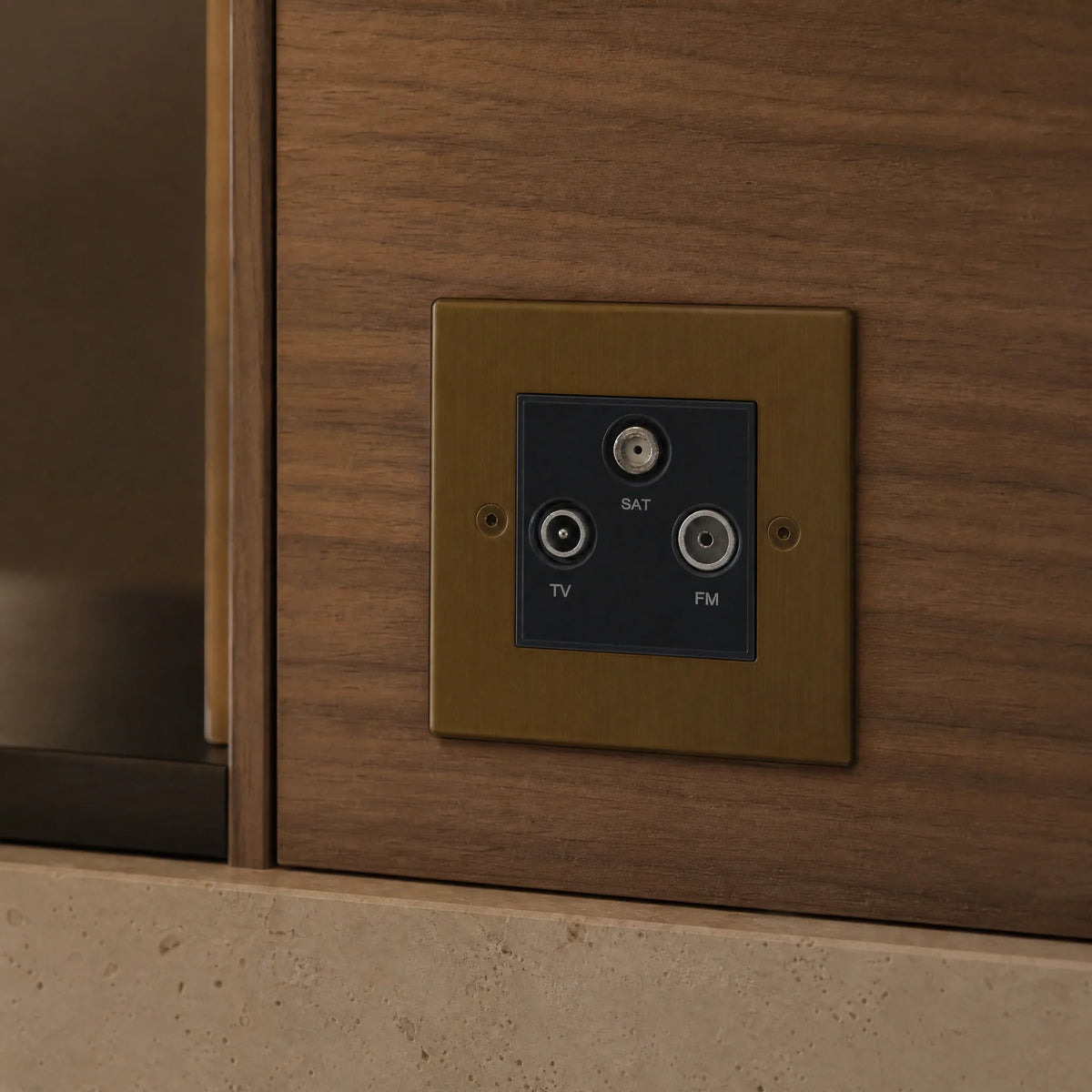VORELLI® Ambassador Square Media Outlet, close view on a wall beside joinery in an interior visualisation.