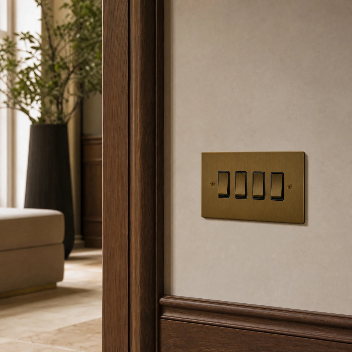 VORELLI® Ambassador Square Rocker Switch, close view on an interior wall in an interior visualisation.