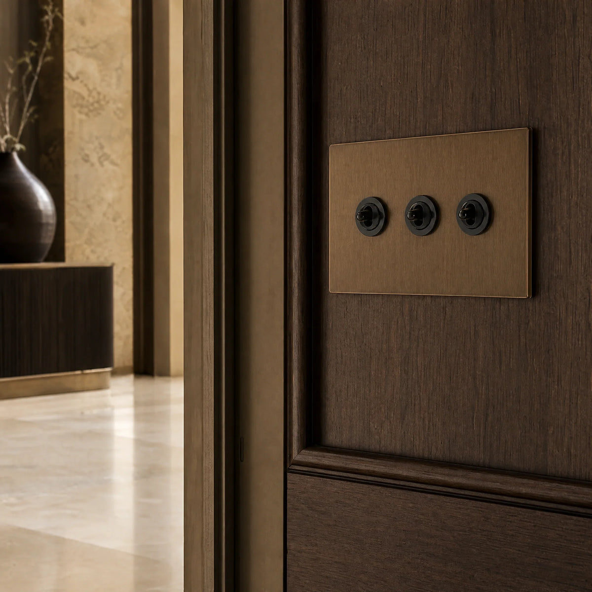 VORELLI® Ambassador Square Toggle Switch, close view on an interior wall in an interior visualisation.