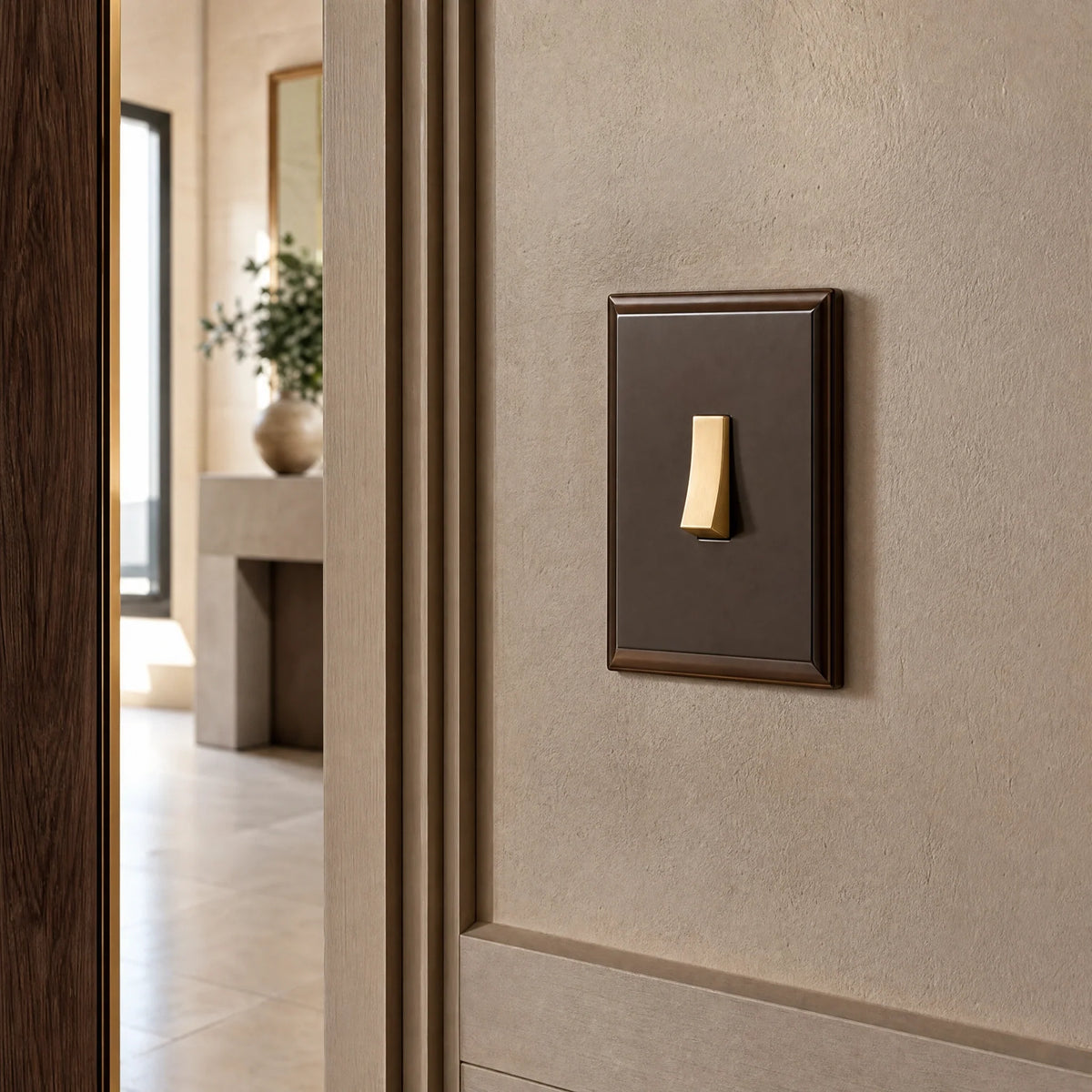 VORELLI® Belgravia rocker switch, close view on an interior wall in an interior visualisation.