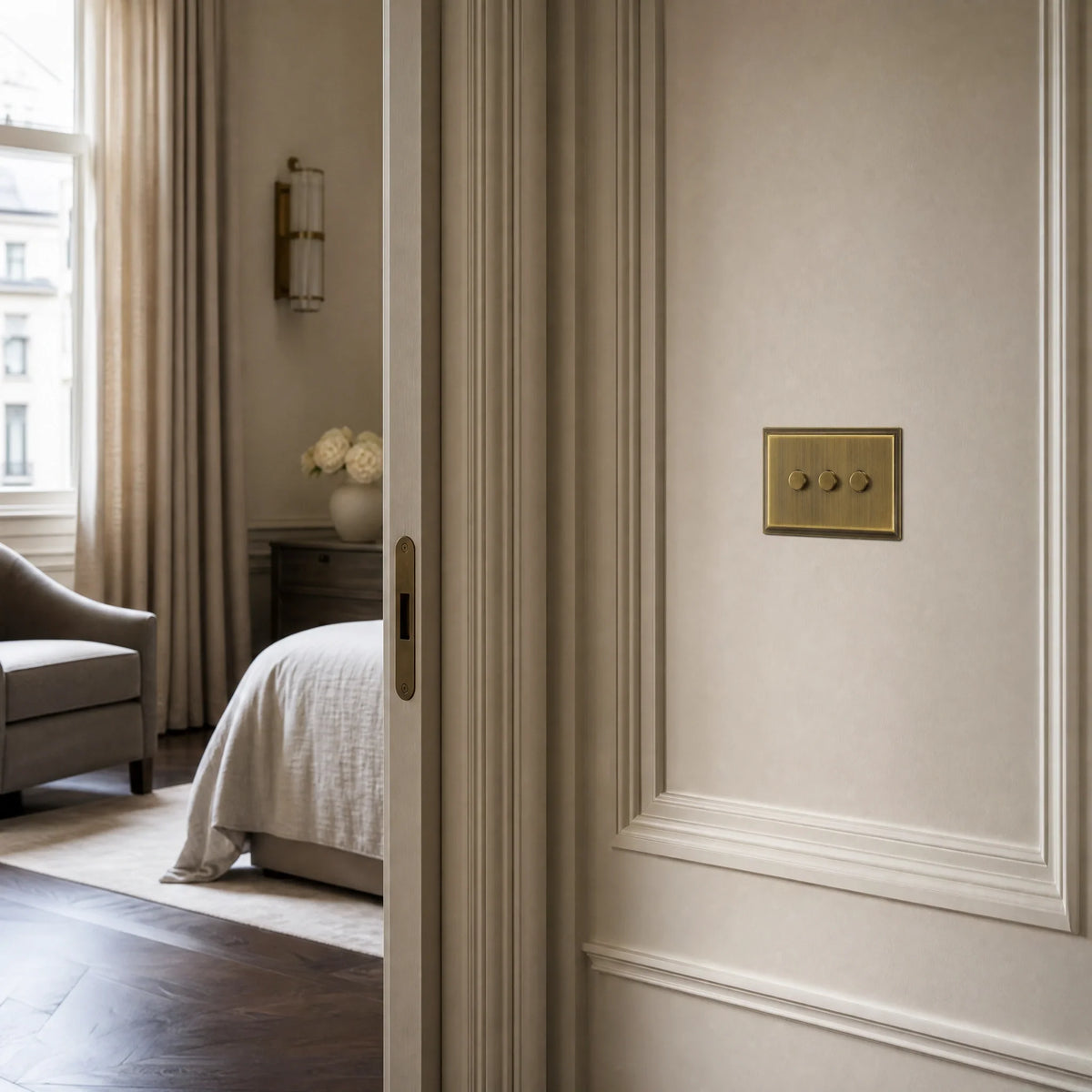 VORELLI® Belgravia Dimmer Switch, shown on an interior wall in an interior visualisation.