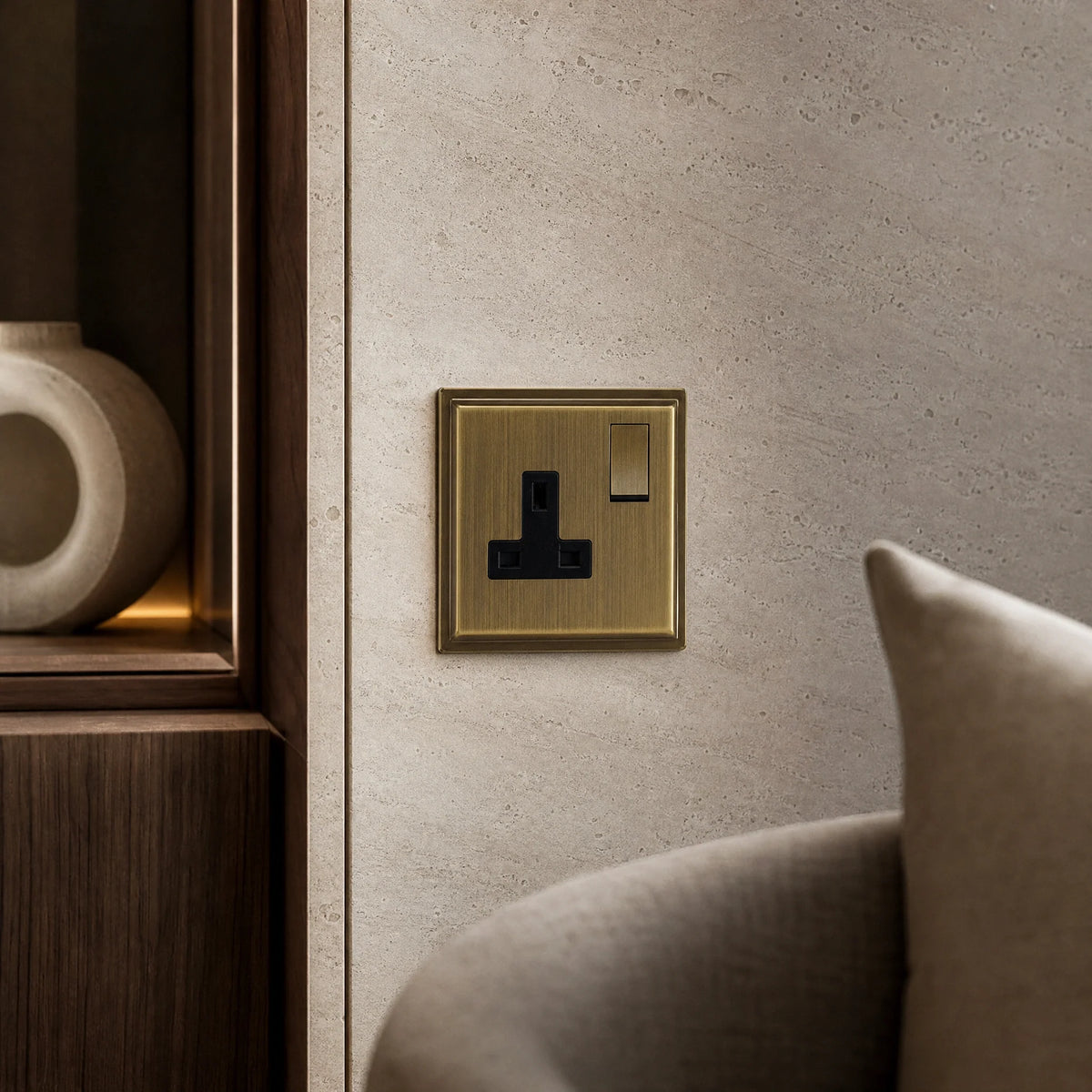 VORELLI® Belgravia Single Socket, close view beside bedroom or living-room joinery in an interior visualisation.