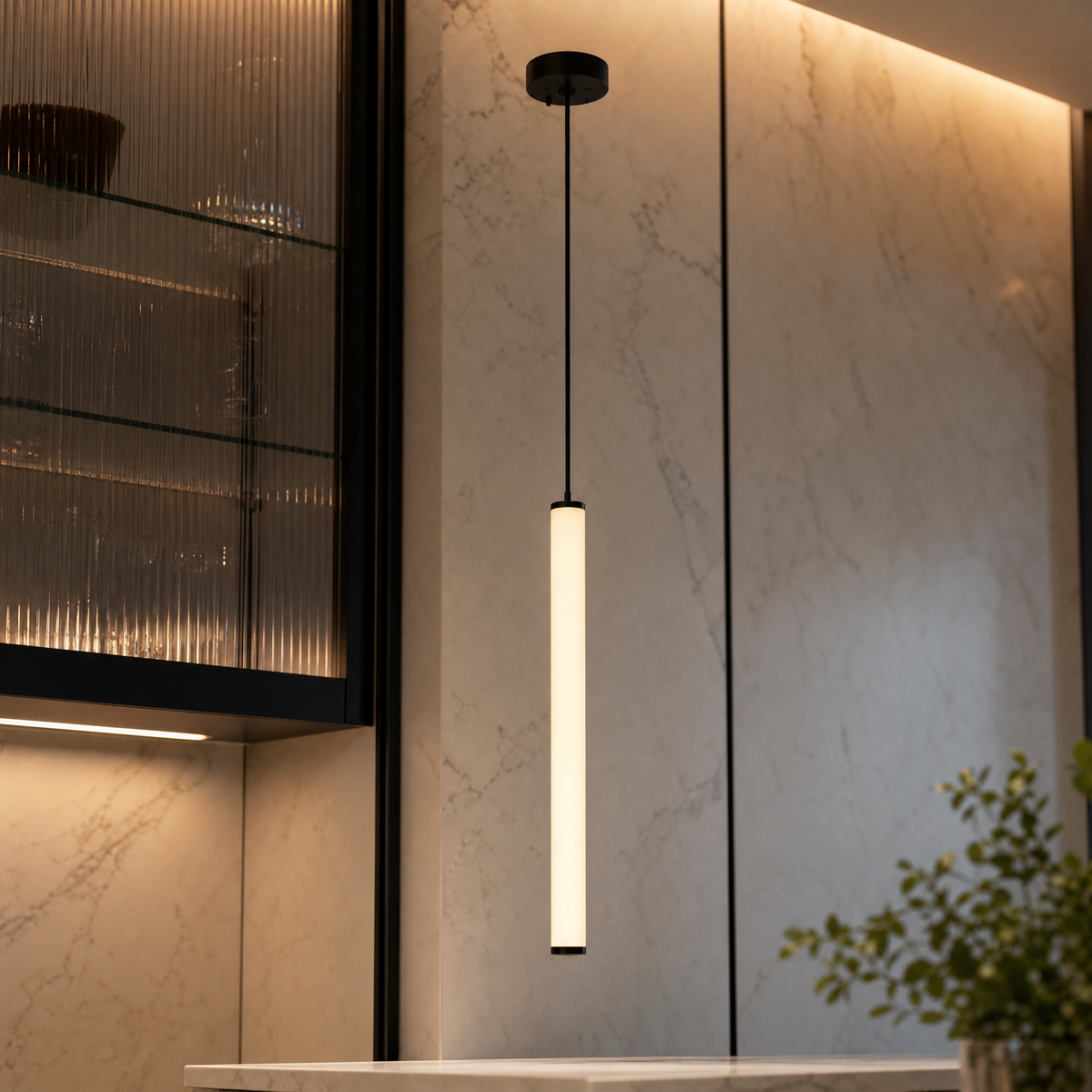 VORELLI® Cowley Pendant, slim illuminated tube detail.