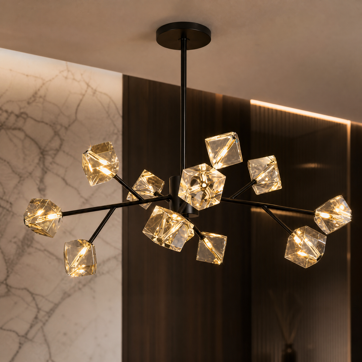 VORELLI® Crenshaw Pendant, black arms and faceted glass cube detail.