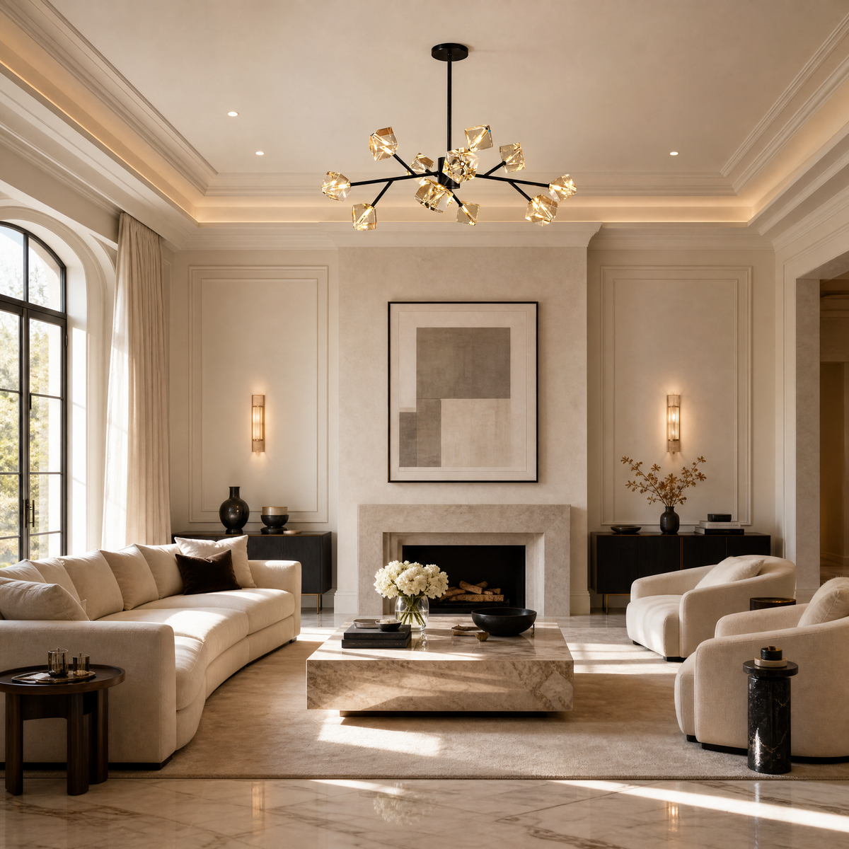 VORELLI® Crenshaw Pendant, shown as a pendant light above a living area in an interior visualisation.