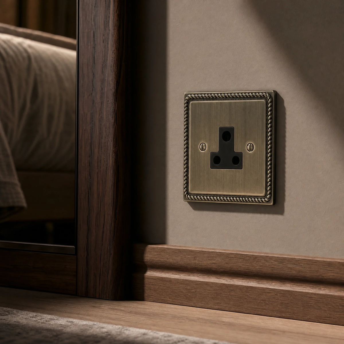 VORELLI® Georgian 5A Socket, close view beside bedroom or living-room joinery in an interior visualisation.