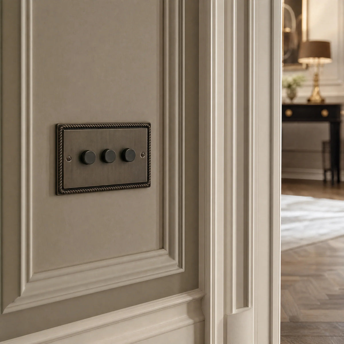 VORELLI® Georgian Dimmer Switch, close view on an interior wall in an interior visualisation.