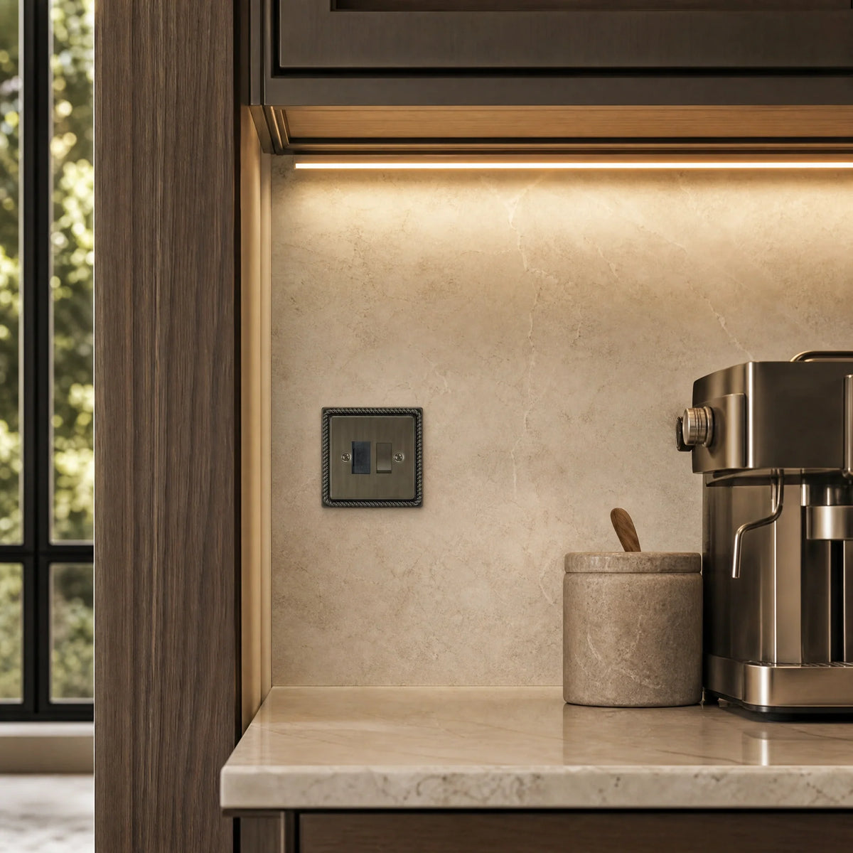 VORELLI® Georgian Fuse Spur, shown above a kitchen worktop in an interior visualisation.