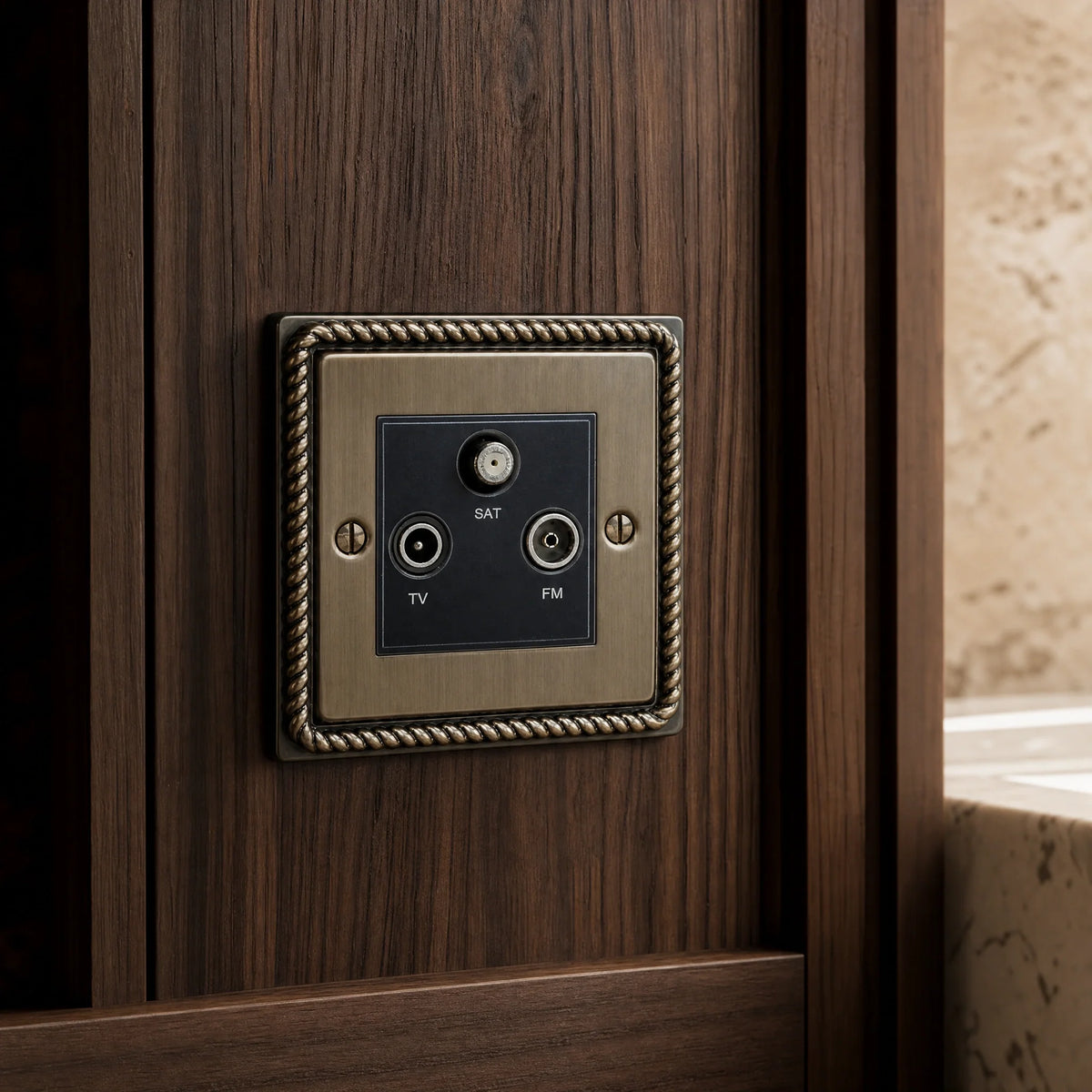 VORELLI® Georgian Media Outlet, close view on a wall beside joinery in an interior visualisation.
