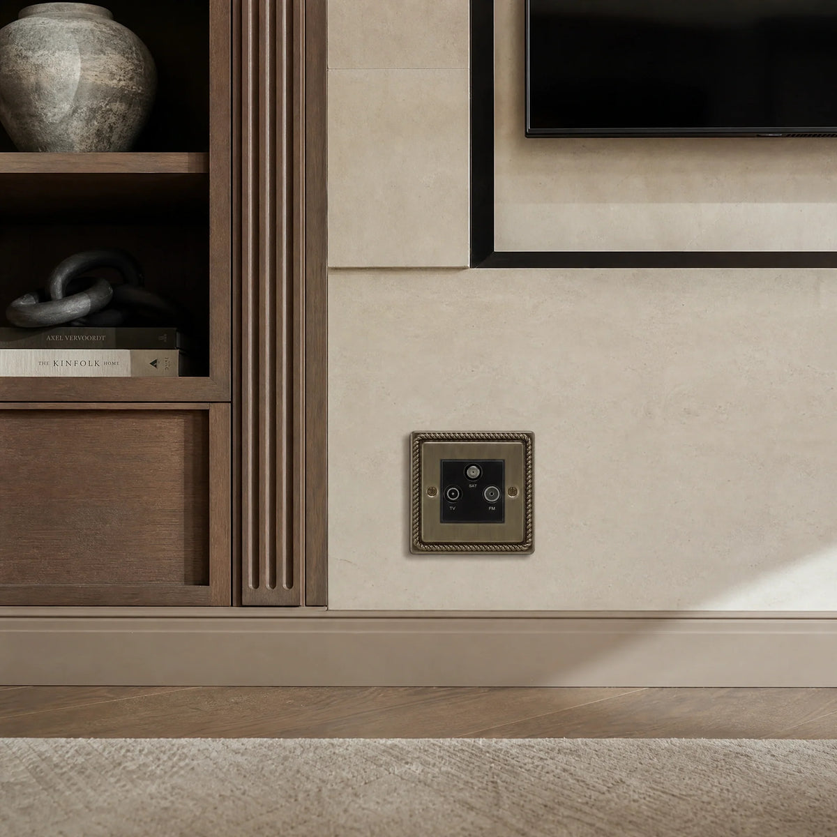 VORELLI® Georgian Media Outlet, shown on a wall beside joinery in an interior visualisation.