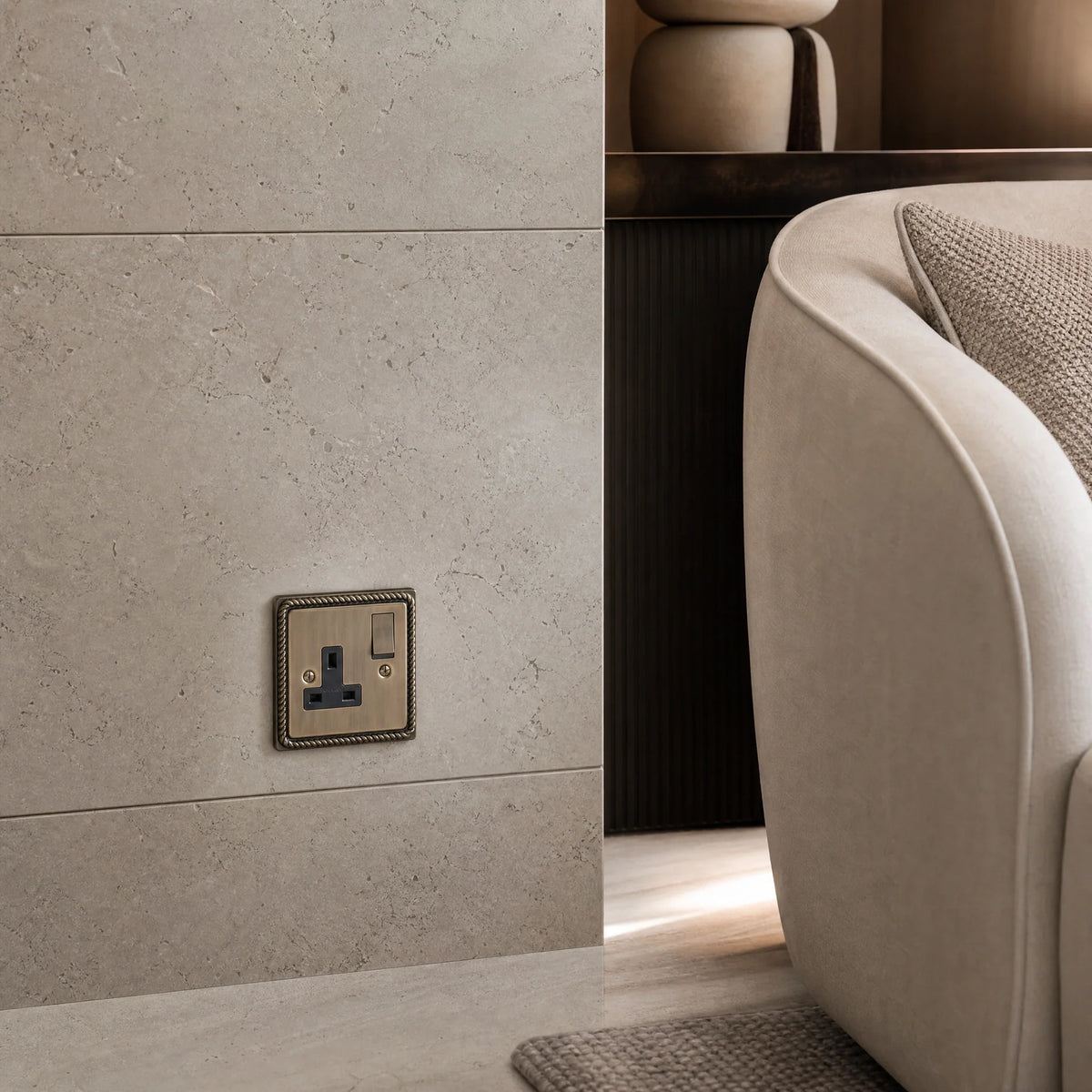 VORELLI® Georgian Single Socket, shown beside bedroom or living-room joinery in an interior visualisation.