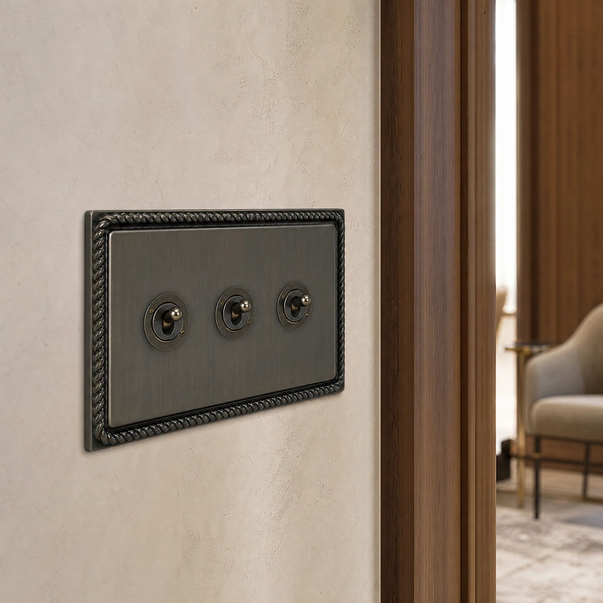 VORELLI® Georgian Toggle Switch, close view on an interior wall in an interior visualisation.