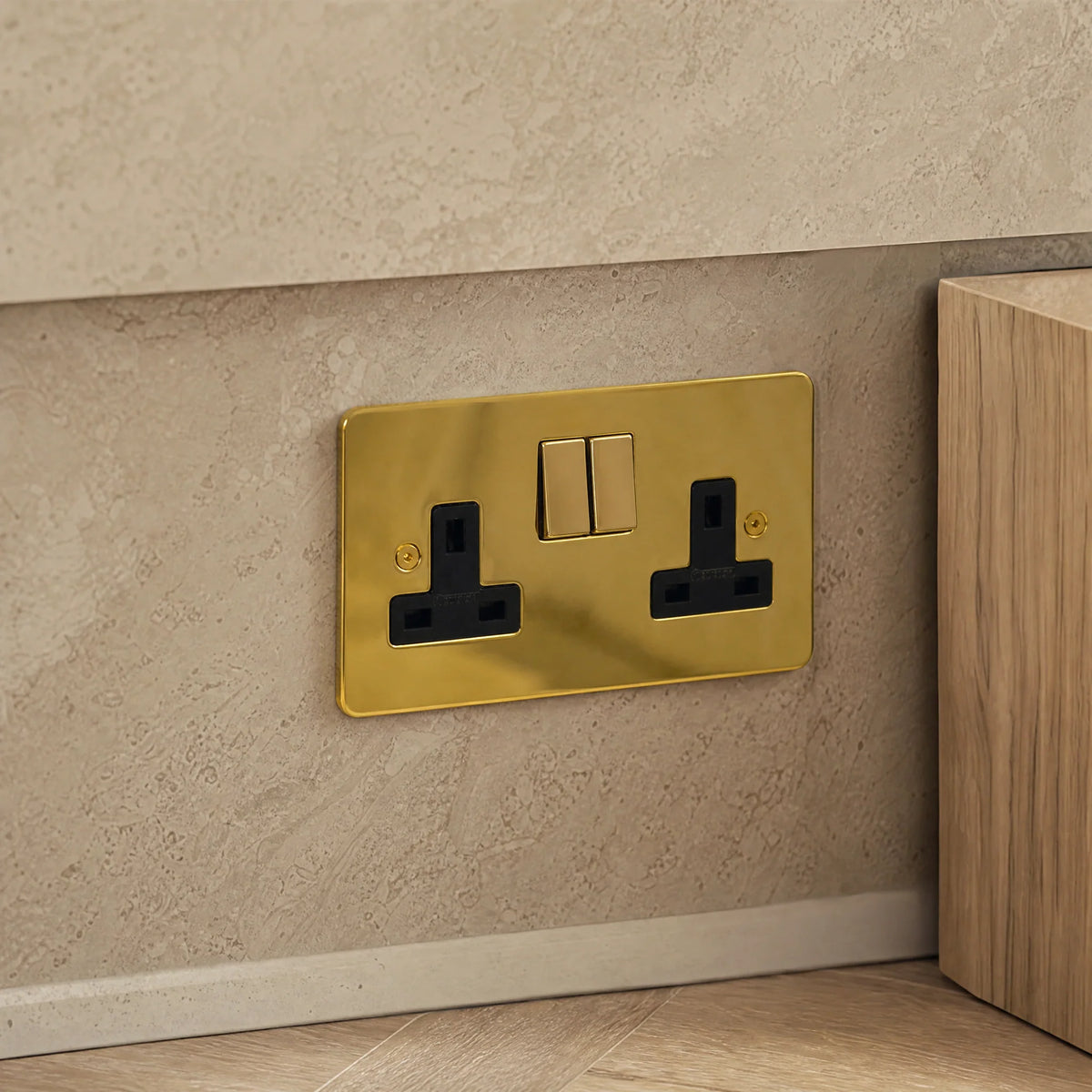 VORELLI® Horizon Classic double socket, close view on an interior wall in an interior visualisation.