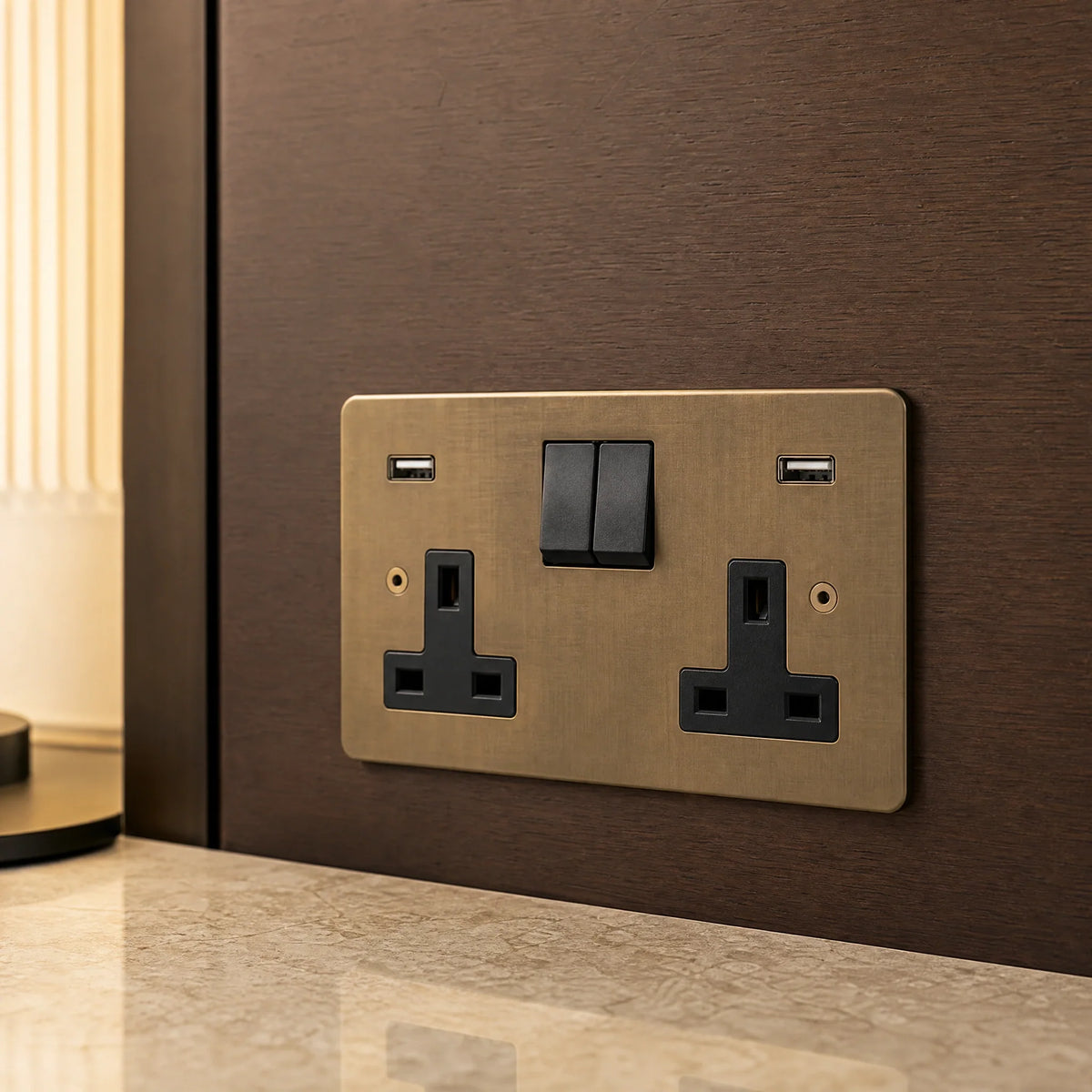 VORELLI® Horizon Classic Double Socket + USB, close view beside bedroom or living-room joinery in an interior visualisation.
