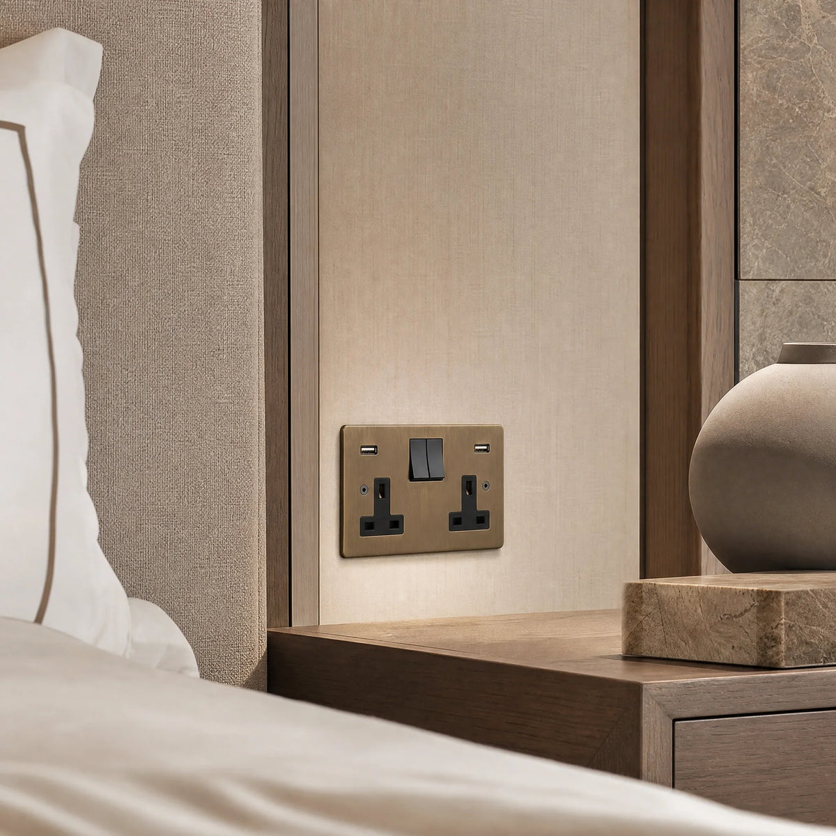 VORELLI® Horizon Classic Double Socket + USB, shown beside bedroom or living-room joinery in an interior visualisation.