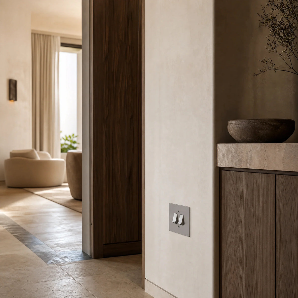 VORELLI® Horizon Square double rocker switch, shown on an interior wall in an interior visualisation.