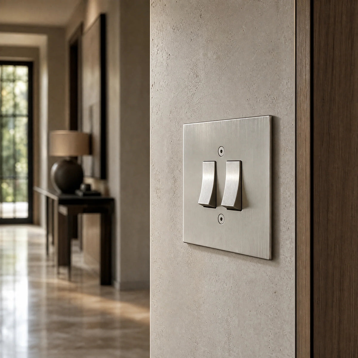 VORELLI® Horizon Square double rocker switch, close view on an interior wall in an interior visualisation.