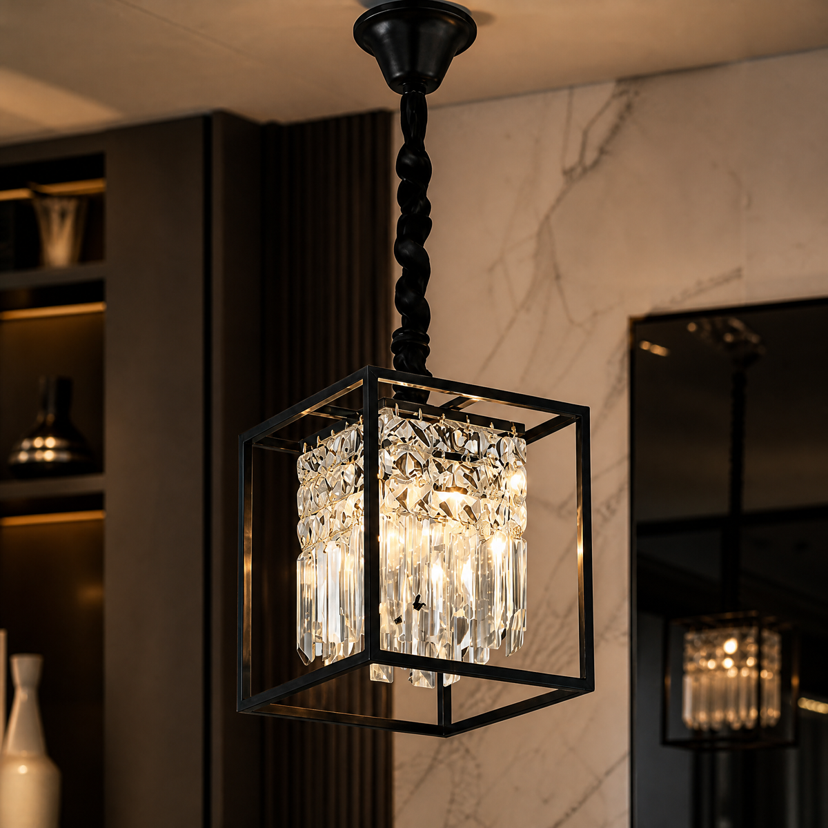 VORELLI® Maddison Pendant, black cube frame and crystal detail.