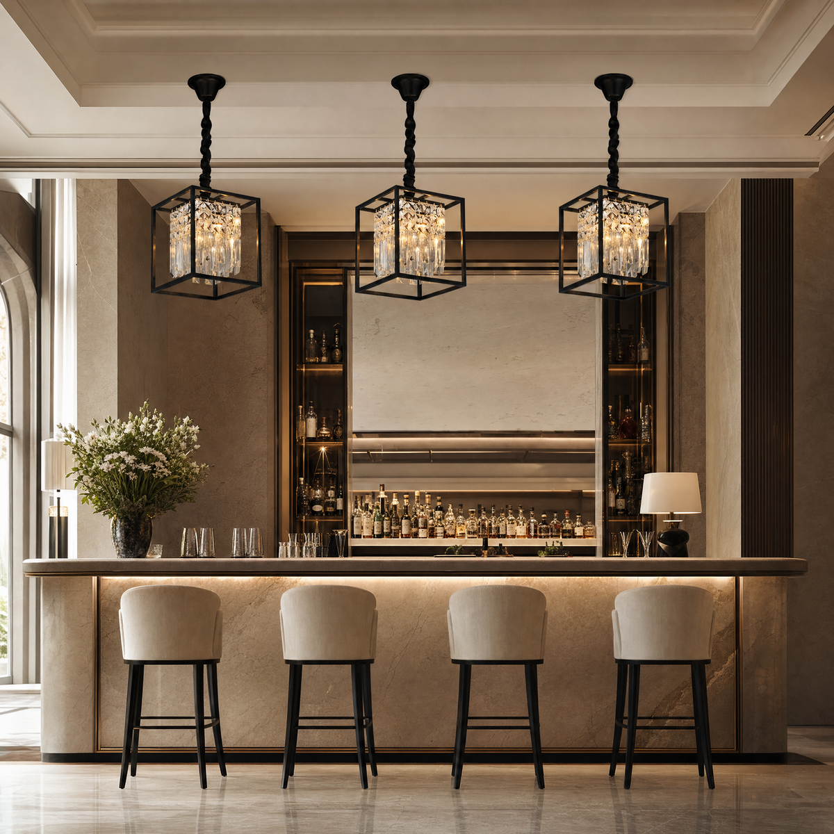 VORELLI® Maddison Pendant, shown as three pendants above a bar in an interior visualisation.