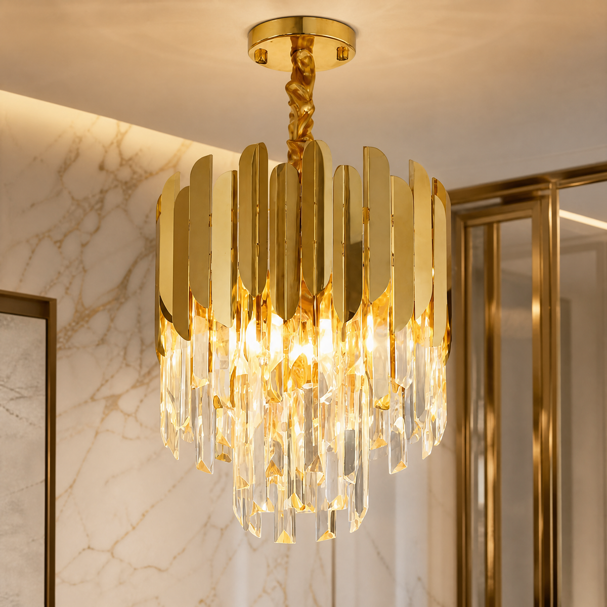 VORELLI® Manhattan Pendant II, gold-tone frame and crystal drop detail.