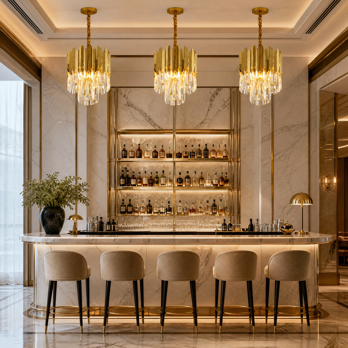 VORELLI® Manhattan Pendant II, shown as three pendants above a bar in an interior visualisation.