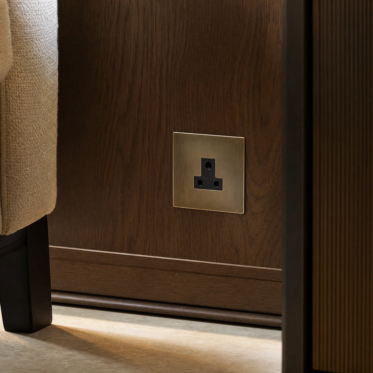 VORELLI® Morpheus 5A Socket, close view beside bedroom or living-room joinery in an interior visualisation.
