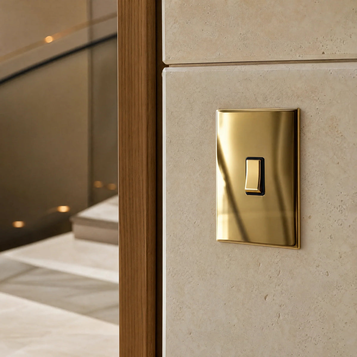 VORELLI® Morpheus rocker switch, close view on an interior wall in an interior visualisation.