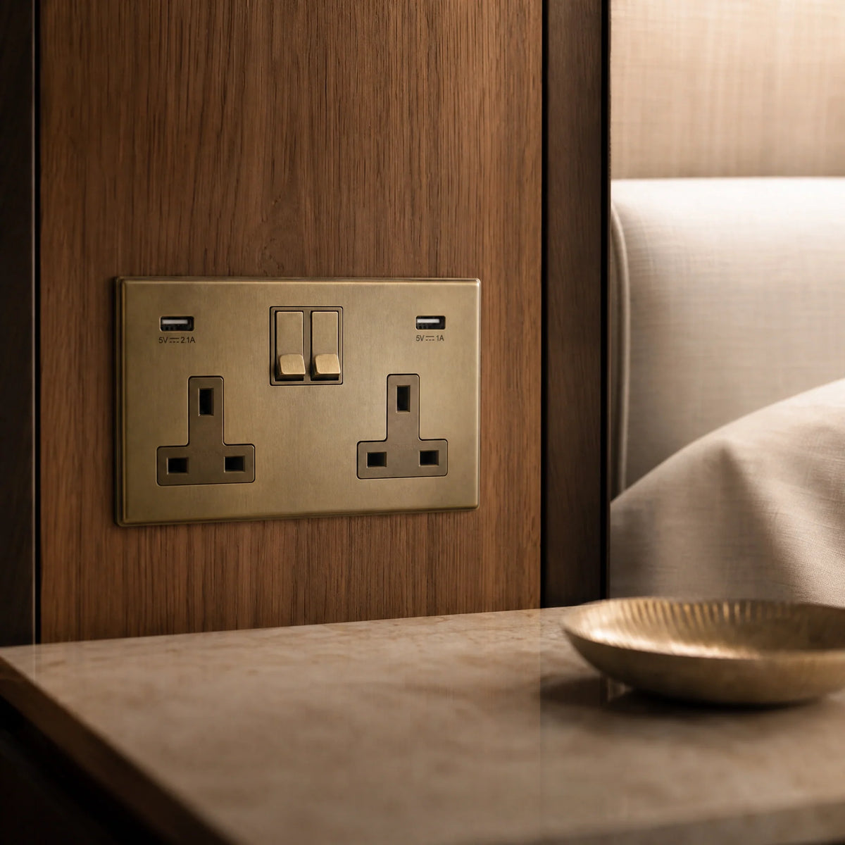 VORELLI® Morpheus Double Socket + USB, close view beside bedroom or living-room joinery in an interior visualisation.