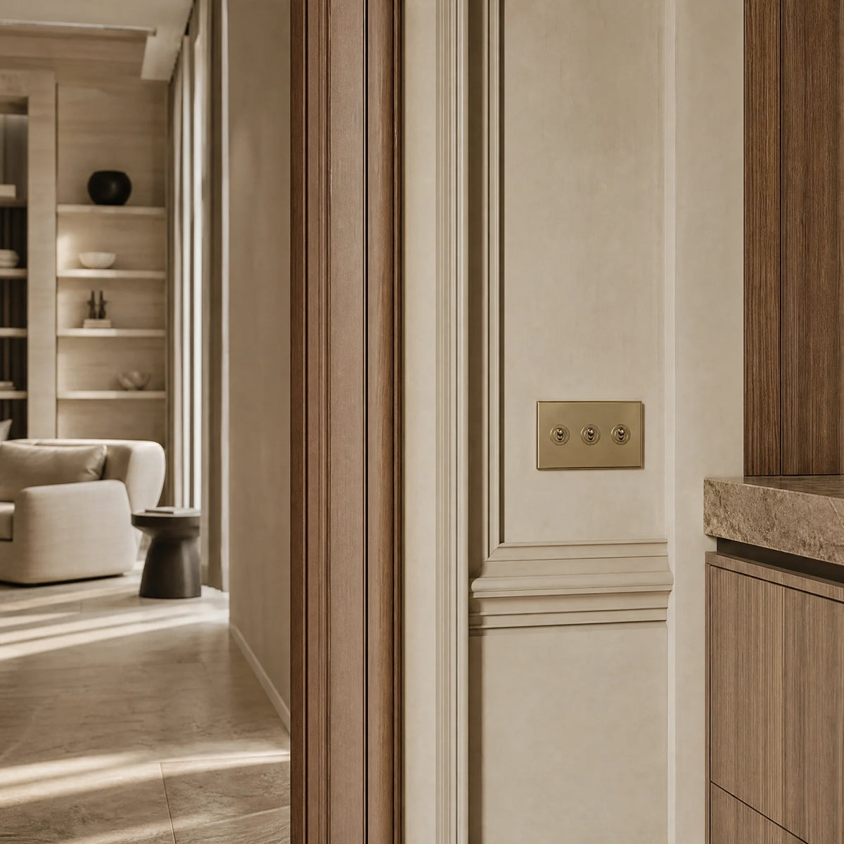 VORELLI® Morpheus Toggle Switch, shown on an interior wall in an interior visualisation.