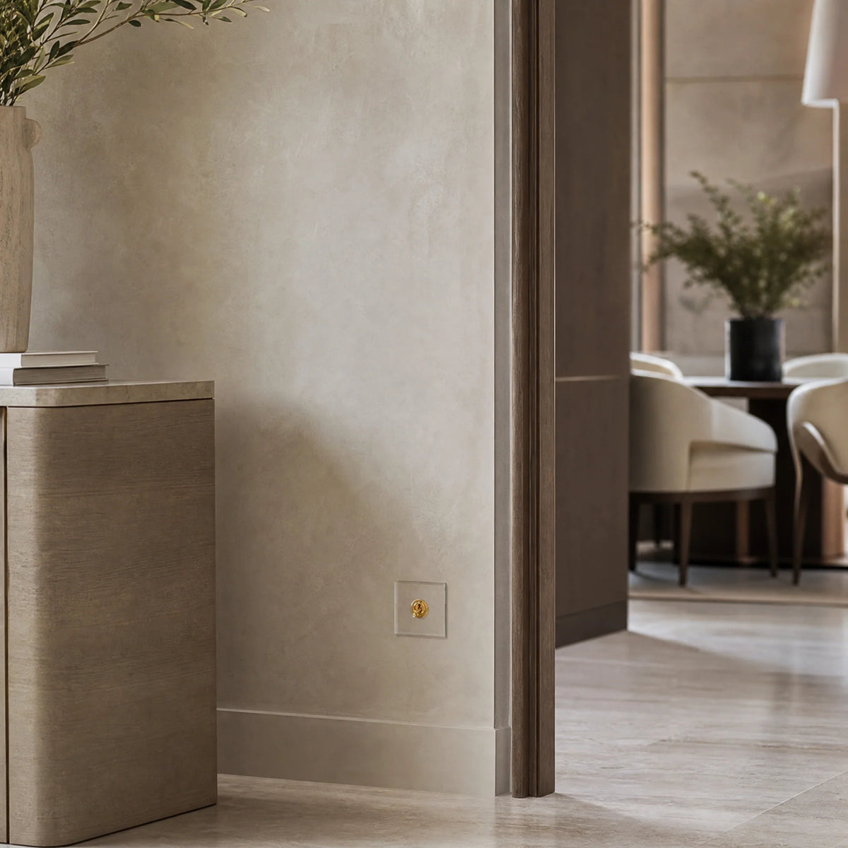 VORELLI® Prism three-gang toggle switch, shown on an interior wall in an interior visualisation.