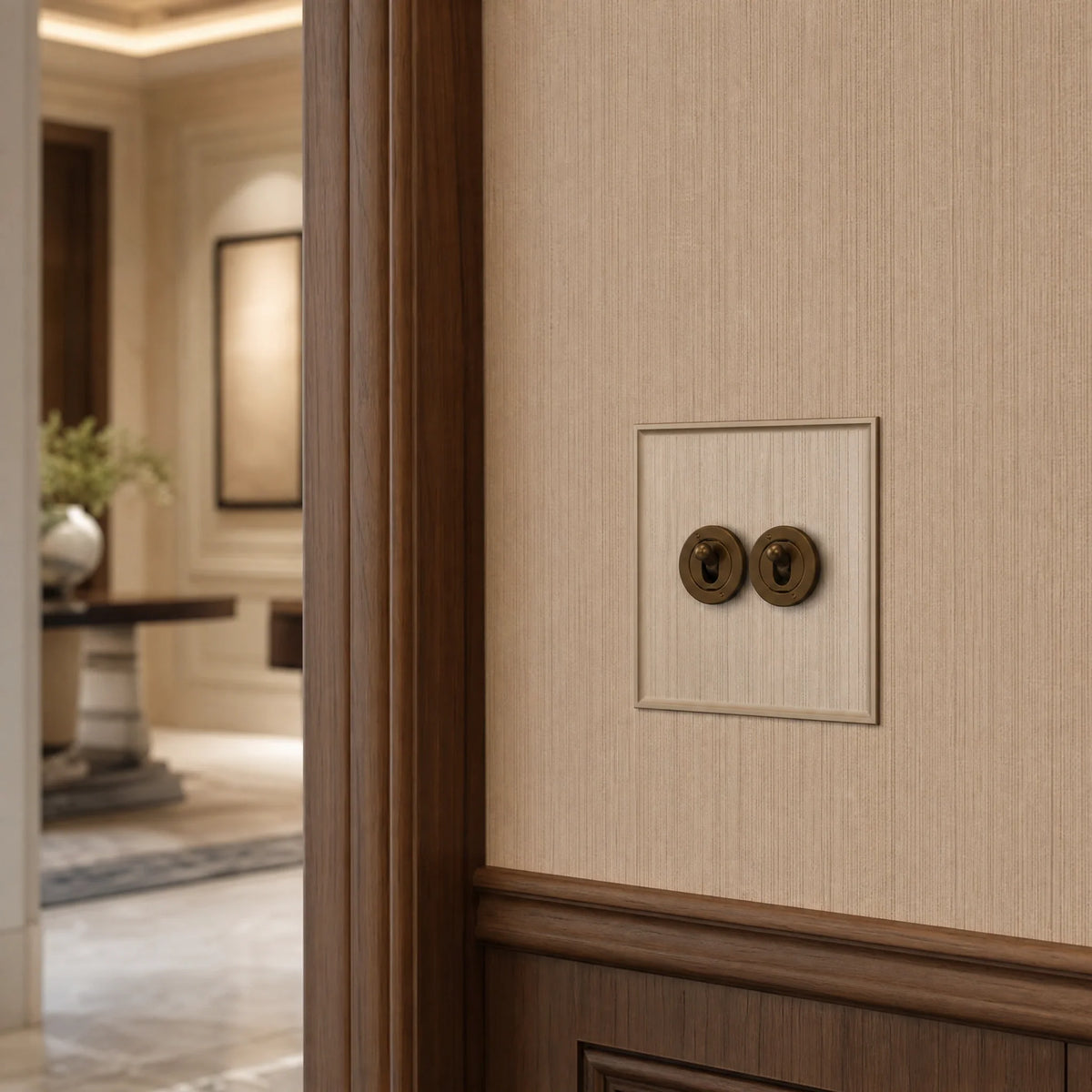 VORELLI® Prism Traditional Toggle Switch, close view on an interior wall in an interior visualisation.