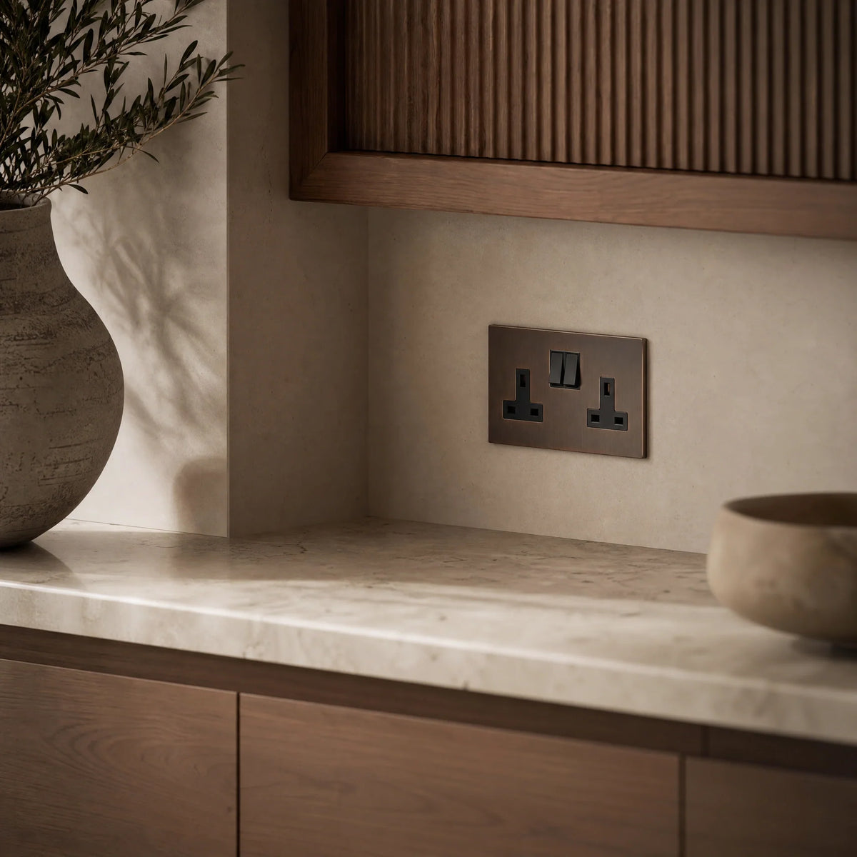 VORELLI® Renaissance Double Socket, shown beside bedroom or living-room joinery in an interior visualisation.