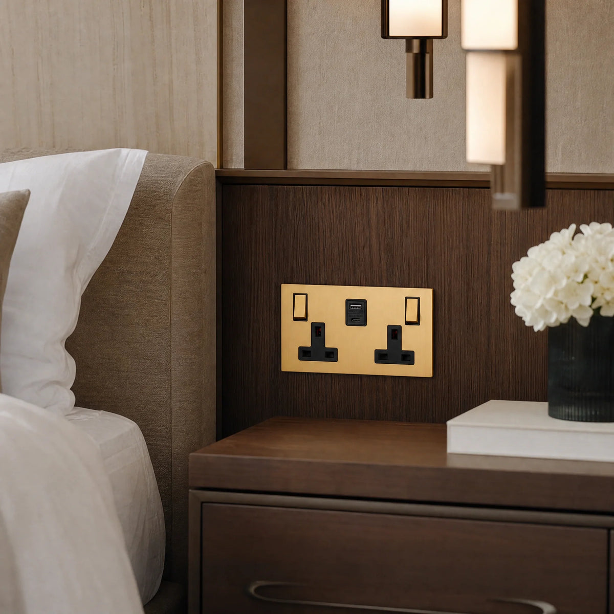 VORELLI® Renaissance Double Socket + USB/C, close view beside bedroom or living-room joinery in an interior visualisation.