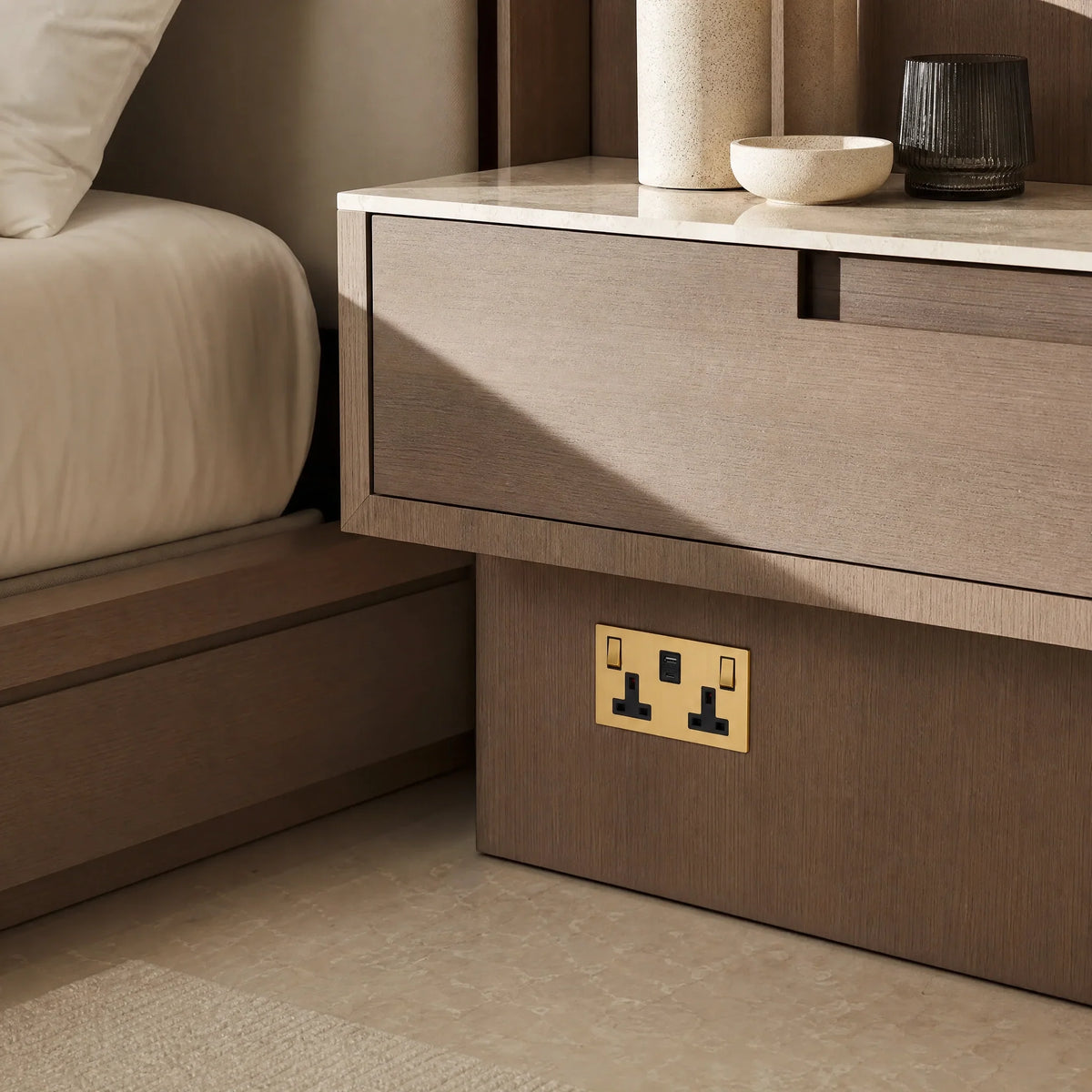 VORELLI® Renaissance Double Socket + USB/C, shown beside bedroom or living-room joinery in an interior visualisation.