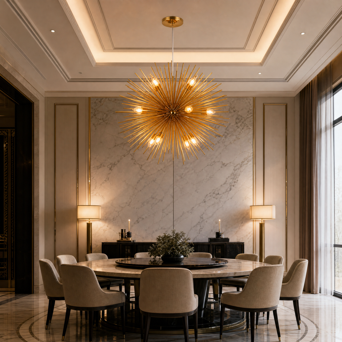 VORELLI® Riccio Pendant, shown as a pendant light above a dining table in an interior visualisation.