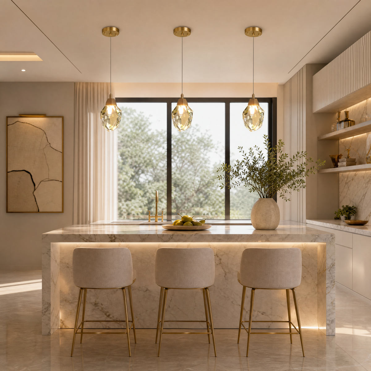 VORELLI® Runtz Pendant, shown as three pendants above a kitchen island in an interior visualisation.