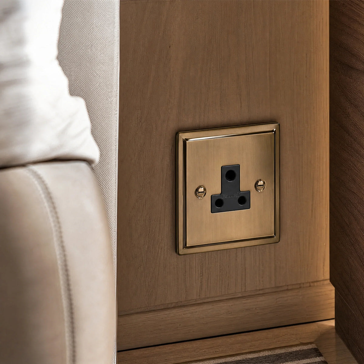 VORELLI® Sheraton 5A Socket, close view beside bedroom or living-room joinery in an interior visualisation.