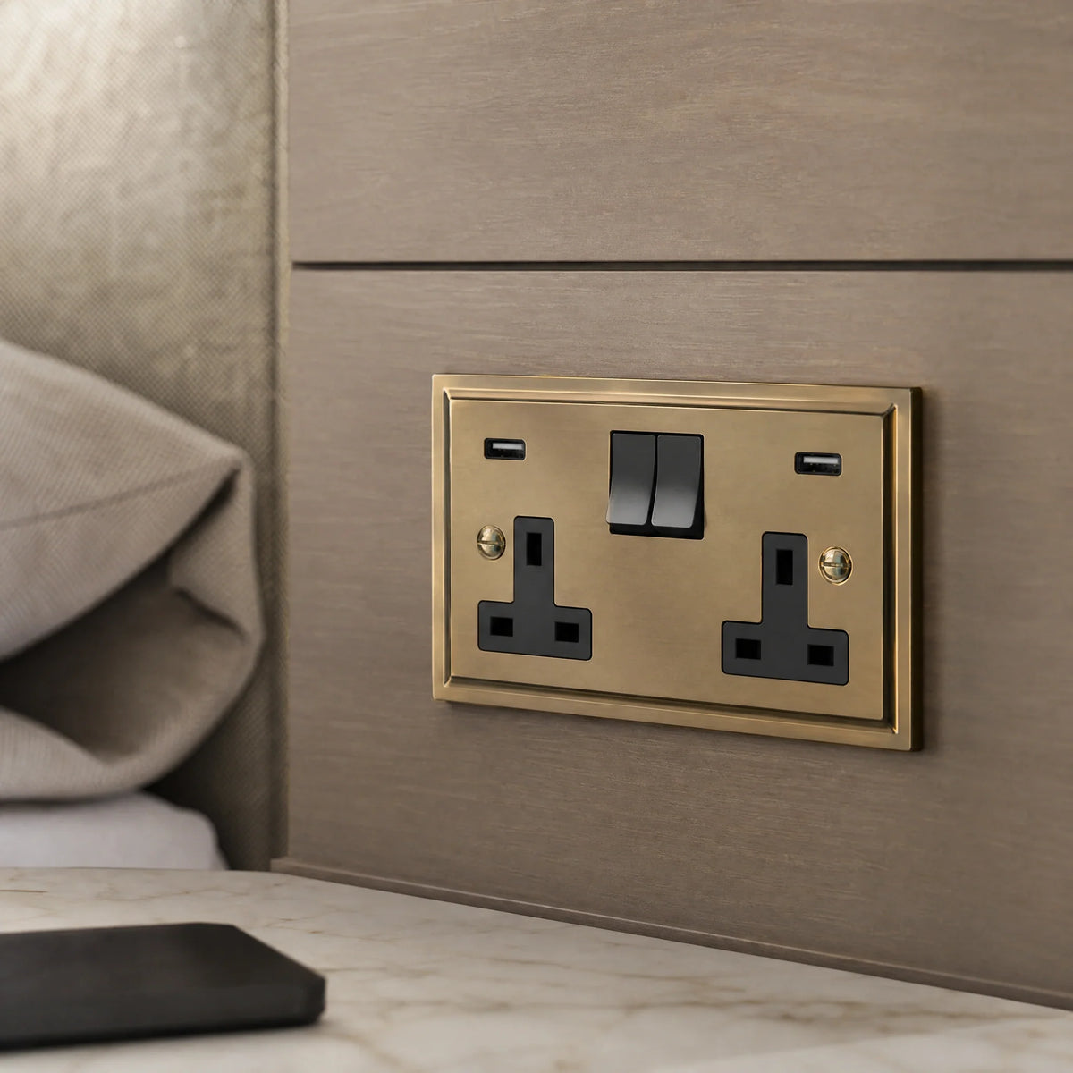 VORELLI® Sheraton Double Socket + USB, close view beside bedroom or living-room joinery in an interior visualisation.