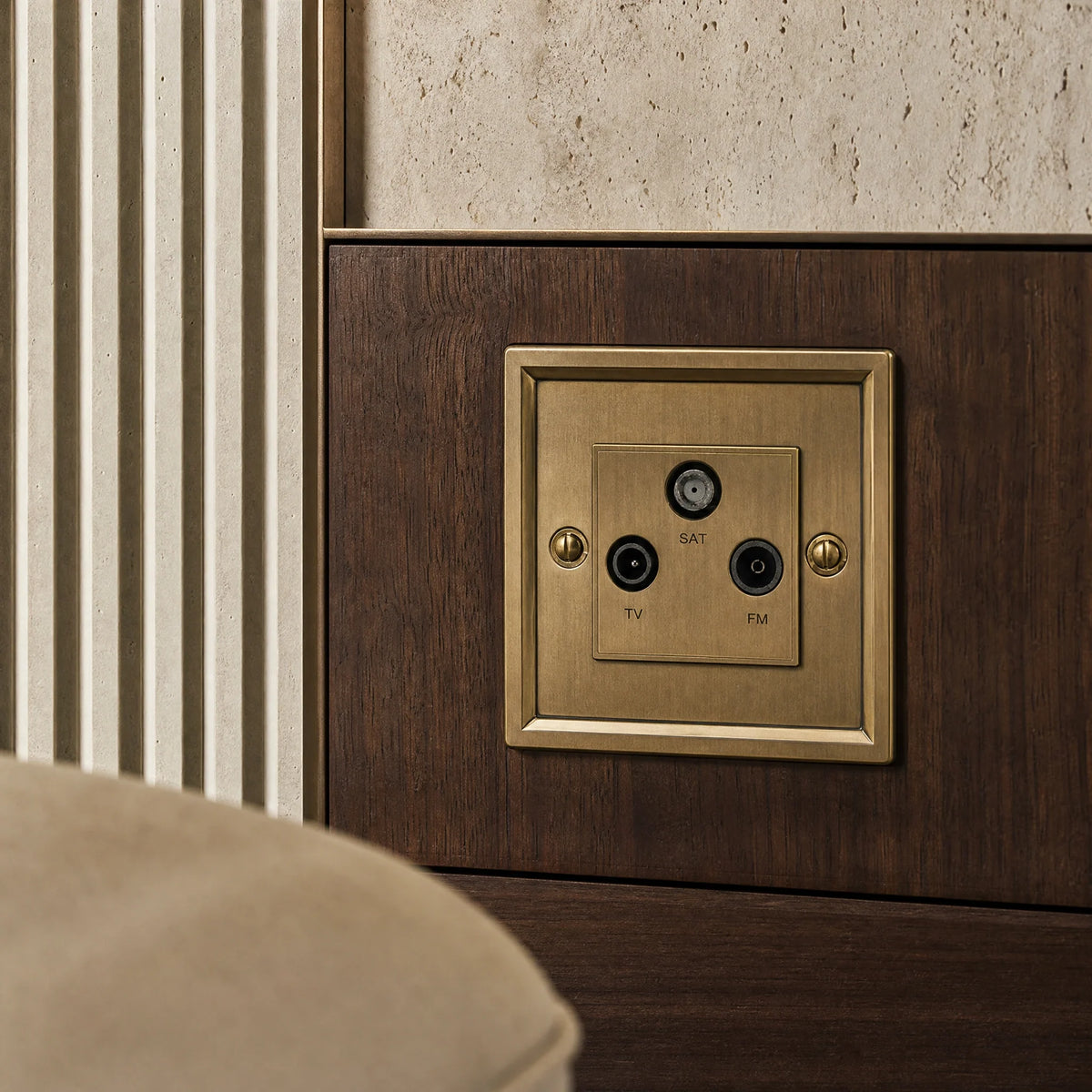 VORELLI® Sheraton Media Outlet, close view on a wall beside joinery in an interior visualisation.