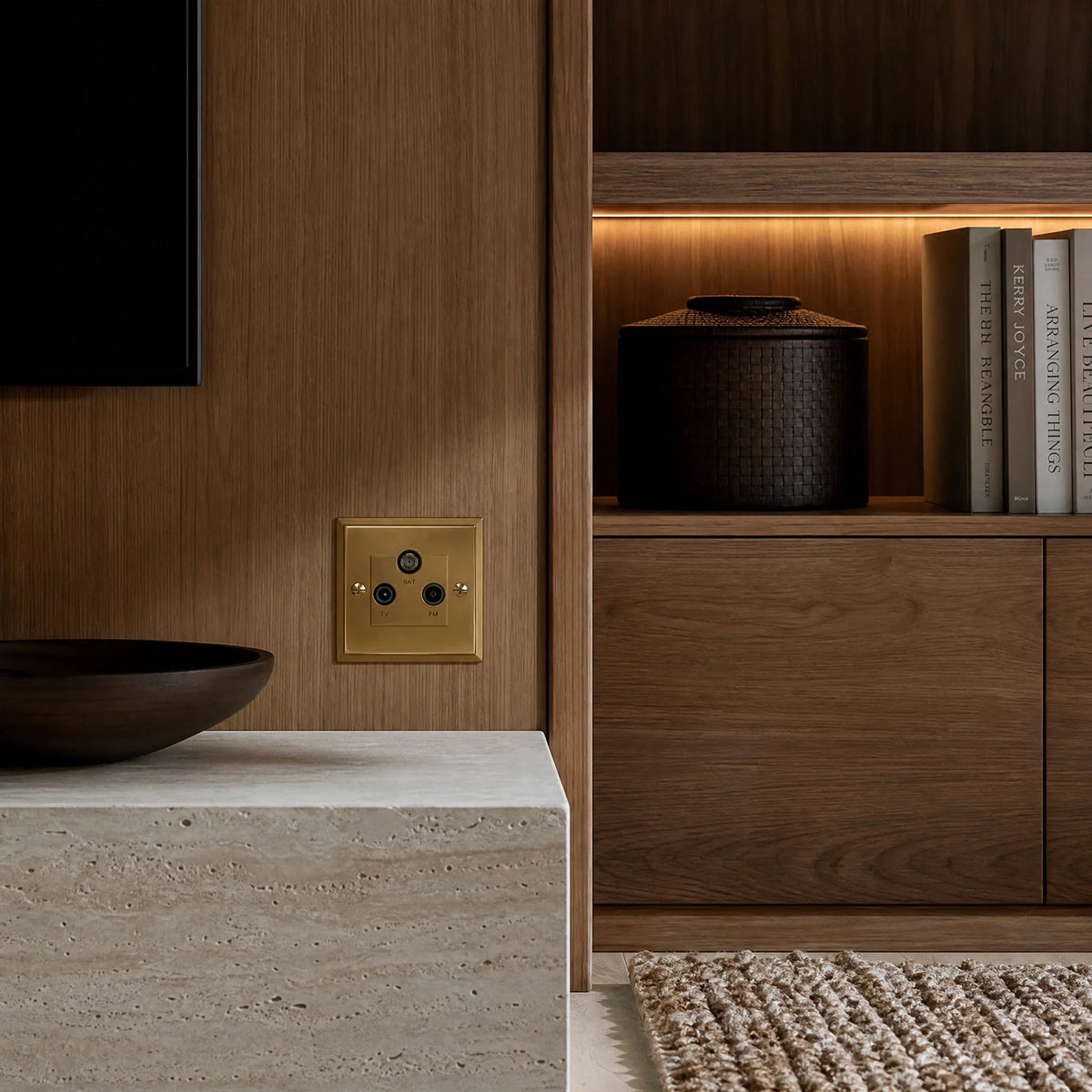 VORELLI® Sheraton Media Outlet, shown on a wall beside joinery in an interior visualisation.