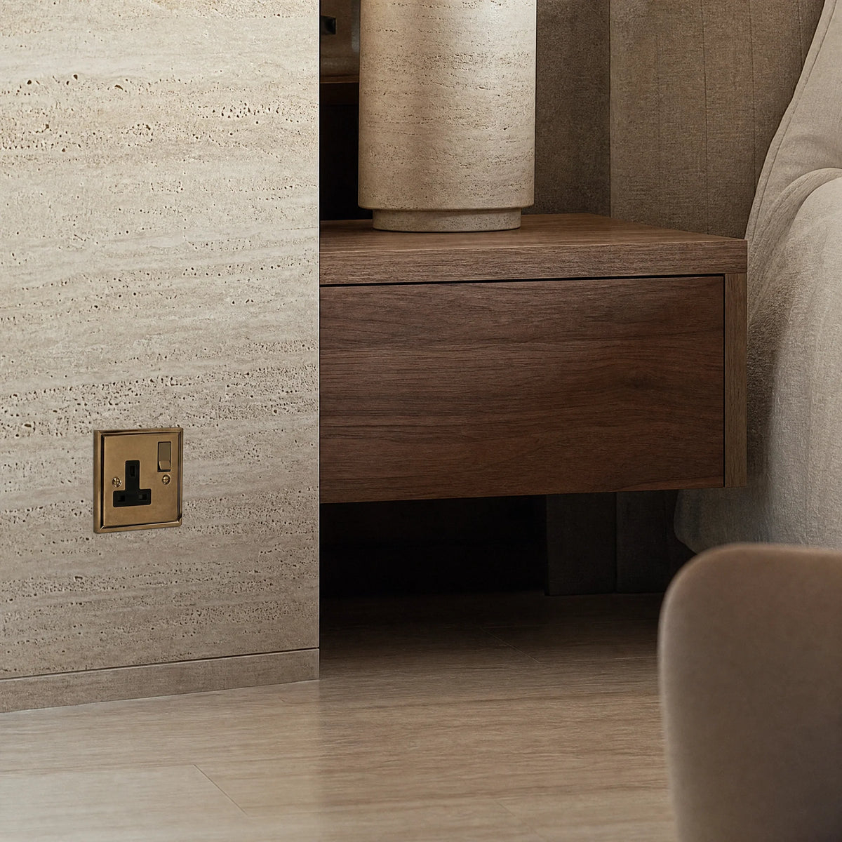 VORELLI® Sheraton Single Socket, shown beside bedroom or living-room joinery in an interior visualisation.