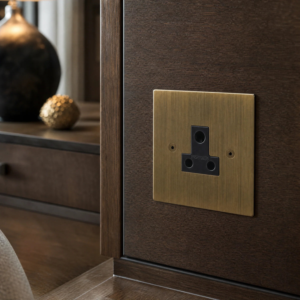 VORELLI® True Edge 5A Socket, close view beside bedroom or living-room joinery in an interior visualisation.