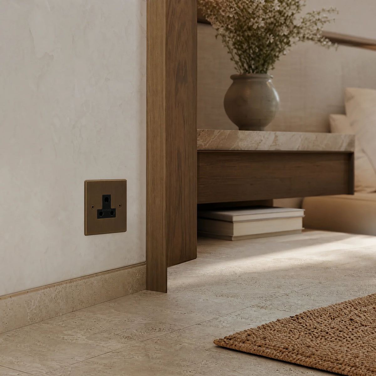 VORELLI® True Edge 5A Socket, shown beside bedroom or living-room joinery in an interior visualisation.