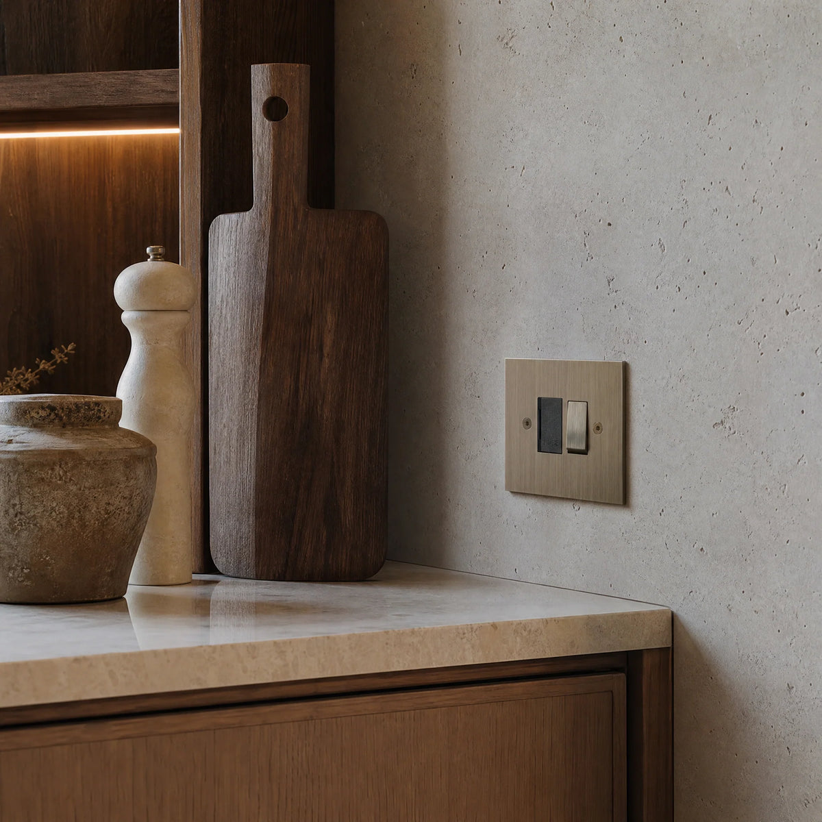 VORELLI® True Edge Fuse Spur, shown above a kitchen worktop in an interior visualisation.