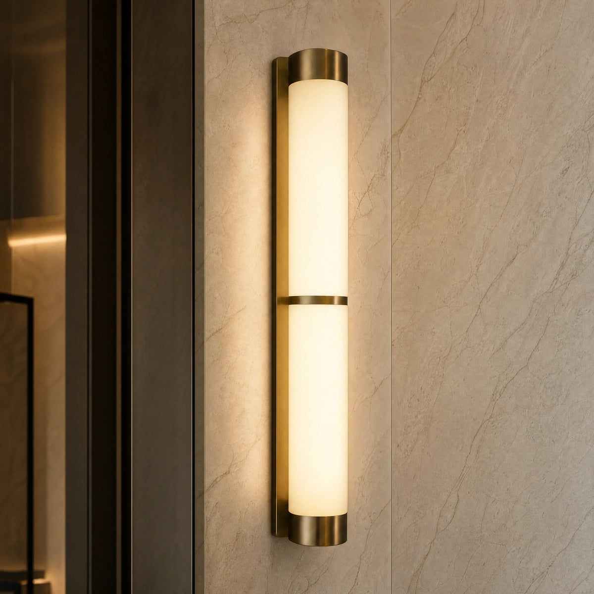 VORELLI® Urbino Marble Wall Light, illuminated stone shade and band detail.