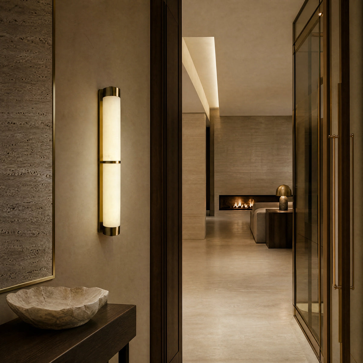 VORELLI® Urbino Marble Wall Light, shown as a wall light beside a bathroom mirror in an interior visualisation.