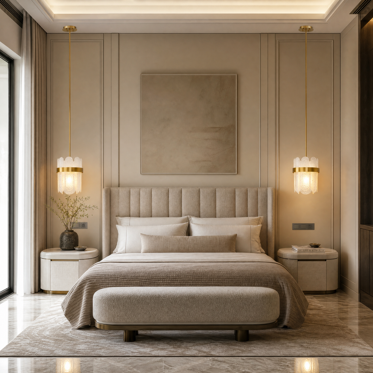 VORELLI® Valparaíso Pendant, shown as a pair of pendant lights beside a bed in an interior visualisation.